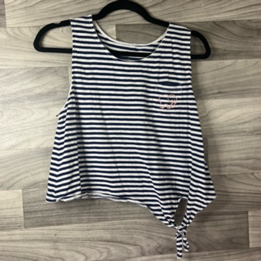 Ivory‎ Ella Crop Top Tank Small Blue Striped Sleeveless Scoop Neck Tie Beachy